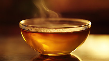 A close-up of a steaming cup of tea, with soft swirls of steam against a blurred, serene background.の素材