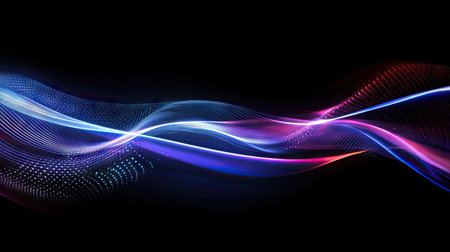 A futuristic digital background featuring neon wave textures against a deep dark backdrop.の素材