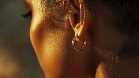 A close-up of a woman's ear with a sleek, modern gold earring, showing off fine detailing under ambient light.の素材