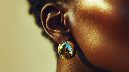 A close-up of a woman's ear with a shiny, modern earring, creating a chic and polished look in soft lighting.の素材