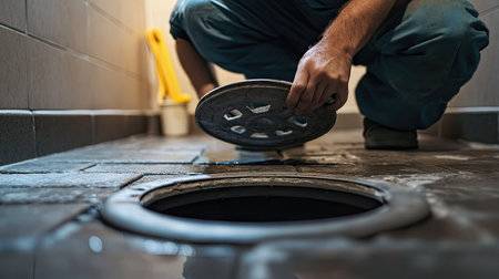 A plumber lifting a bathroom floor drain cover to inspect the underlying sewer pipe for blockage.の素材