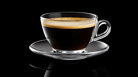 A fresh cup of rich coffee with a perfect crema, set against a striking black background, emphasizing its aroma.の素材