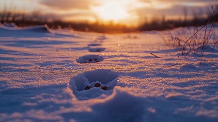 A close-up of fresh animal footprints imprinted in the soft, white snow, leading into the distance.の素材