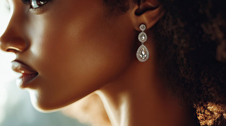 A close-up of a woman's ear with a shiny, modern earring, creating a chic and polished look in soft lighting.の素材