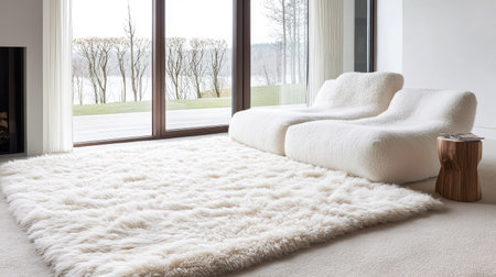 A plush, fuzzy rug with a soft, deep texture, inviting comfort and warmth.の素材