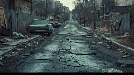 A narrow street with numerous cracks in the asphalt, surrounded by cracked sidewalks and old vehicles.の素材