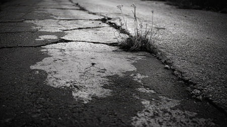 A close-up of deep asphalt cracks stretching across a worn road surface, with weeds growing through the gaps.の素材