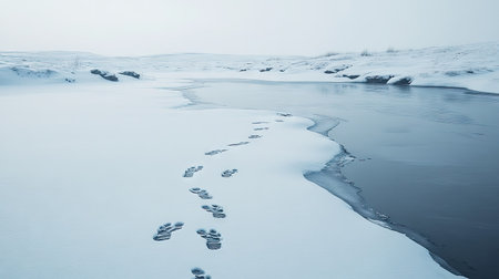 A frozen lake's snowy surface dotted with various animal footprints, hinting at unseen wildlife.の素材