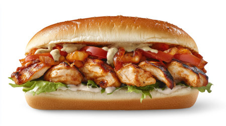 A close-up of a succulent chicken kebab sandwich with rich toppings and sauce, isolated against a white backdrop.の素材