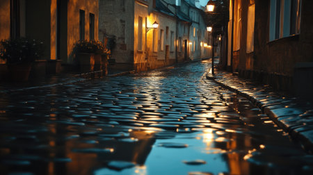 A quiet, rainy night with wet cobblestone streets reflecting the soft glow of lamplights.の素材