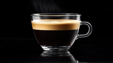 A fresh cup of rich coffee with a perfect crema, set against a striking black background, emphasizing its aroma.の素材