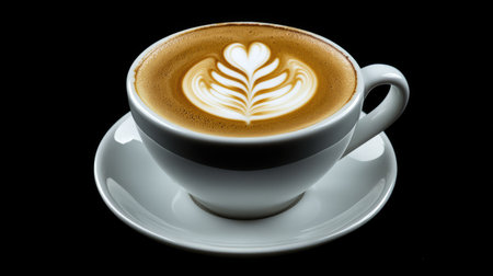 A fresh cup of rich coffee with a perfect crema, set against a striking black background, emphasizing its aroma.の素材
