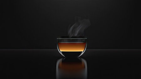 A minimalist image of a glass cup with warm tea, set on a smooth black glossy surface with steam rising.の素材