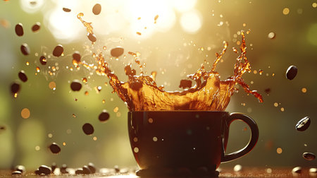A shot of coffee splashing out of a cup, with coffee beans in the air, isolated on a bright background.の素材