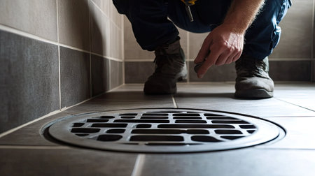 A plumber lifting a bathroom floor drain cover to inspect the underlying sewer pipe for blockage.の素材