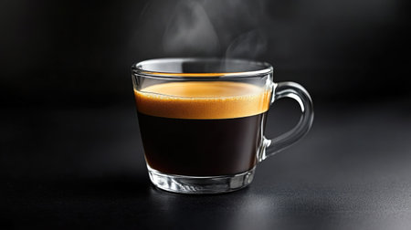 A rich, aromatic cup of coffee on a glossy black background, with steam gently rising from the surface.の素材
