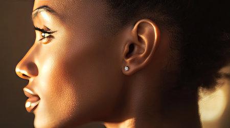 A profile shot of a woman's ear adorned with a modern silver earring, the elegant design reflecting soft lighting in the background.の素材