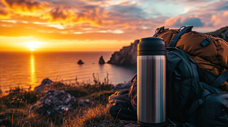 A professional-grade stainless steel thermos beside a traveler's gear, with a calm sunset view in the distance.の素材