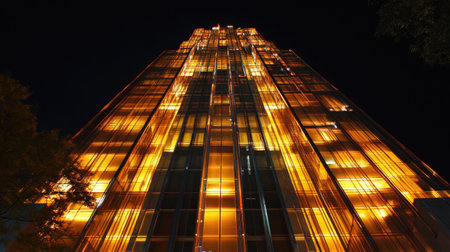 A night-time shot of an illuminated skyscraper with glass walls reflecting city lights.の素材