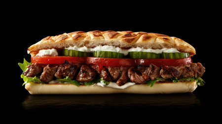 A perfectly made kebab sandwich with tender lamb, cucumber, tomato, and yogurt sauce, isolated on a simple surface.の素材