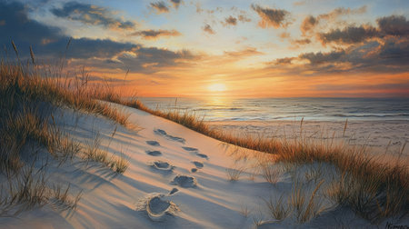 A set of fox tracks weaving gracefully across a quiet sand dune at sunset.の素材