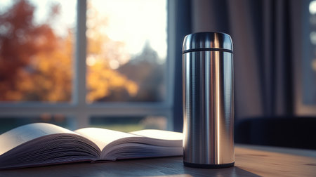 A modern stainless steel thermos beside an open book, with a soft warm light highlighting the reflective surface.の素材