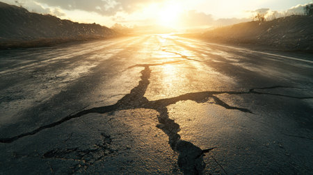 A road with large cracks in the asphalt, creating a broken and weathered appearance under harsh sunlight.の素材