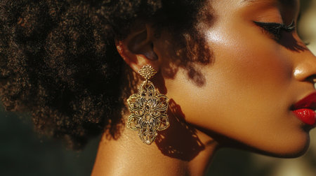 A shot of a woman's ear with a large, modern earring, designed with intricate shapes and a bold statement.の素材