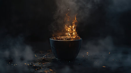 A rich, dark cup of coffee with steam rising, the dark background adding depth to the scene.の素材