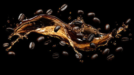 A rich coffee splash with beans scattering around, frozen in mid-air, creating a dramatic effect on a dark background.の素材