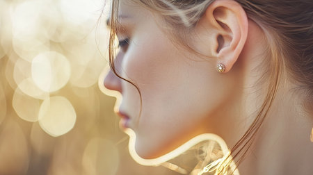 A profile view of a woman's ear with a modern, elegant earring, set against a blurred, light-colored background.の素材