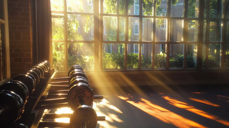 A shot of metal dumbbells on a rack with natural sunlight streaming through gym windows.の素材