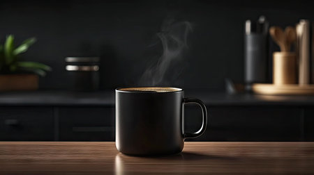 A rich, dark cup of coffee with steam rising, the dark background adding depth to the scene.の素材