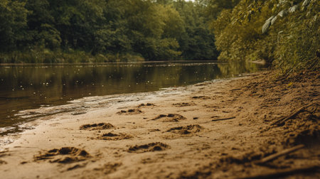 A riverbank's sandy edge dotted with various animal footprints, hinting at unseen wildlife.の素材