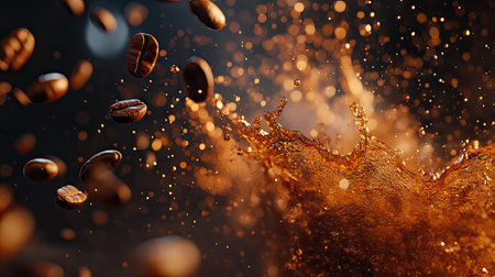 A powerful splash of coffee with scattered beans floating around, captured in motion against a dark, blurred background.の素材