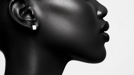 A shot of a woman's ear with a contemporary earring, the sleek design adding a touch of elegance against a clean background.の素材