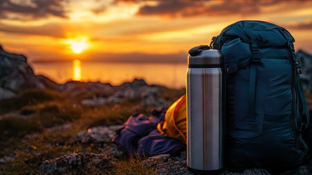 A professional-grade stainless steel thermos beside a traveler's gear, with a calm sunset view in the distance.の素材