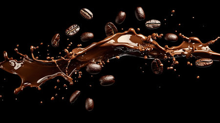 A rich coffee splash with beans scattering around, frozen in mid-air, creating a dramatic effect on a dark background.の素材