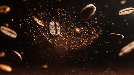 A powerful splash of coffee with scattered beans floating around, captured in motion against a dark, blurred background.の素材