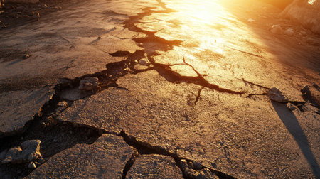 A road with large cracks in the asphalt, creating a broken and weathered appearance under harsh sunlight.の素材
