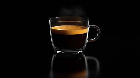 A rich, aromatic cup of coffee on a glossy black background, with steam gently rising from the surface.の素材