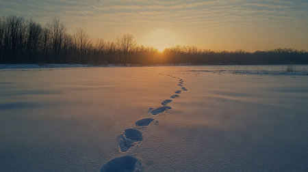 A set of fox tracks weaving gracefully across a frozen field covered in fresh snow.の素材
