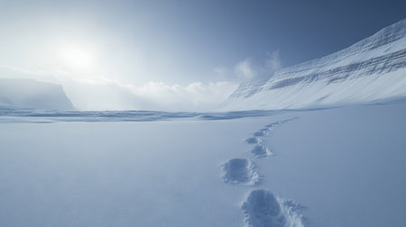 A single set of deep animal footprints in untouched snow, creating a sense of mystery.の素材