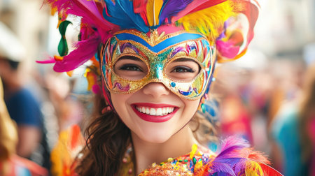A smiling girl with a stunning carnival mask, the bright and bold colors complementing her festive attire.の素材