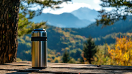 A sleek stainless steel thermos on a camping table, with a scenic mountain view in the background.の素材