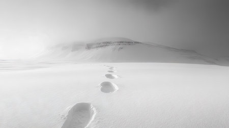 A single set of deep animal footprints in untouched snow, creating a sense of mystery.の素材