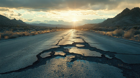 A road with large cracks in the asphalt, creating a broken and weathered appearance under harsh sunlight.の素材