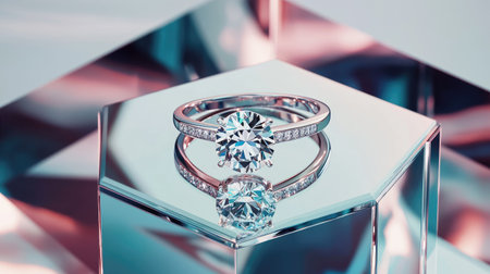 A diamond ring inside a luxurious velvet gift box, set on a mirrored surface that reflects its beauty, with a simple background for contrast.の素材