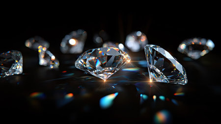 Clear crystal-like beads illuminated from below, casting vibrant light flares and subtle lens effects on a black backgroundの素材