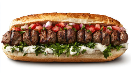 A close-up of a delicious kebab sandwich bursting with flavors of grilled meat and fresh toppings, isolated on a simple surface.の素材